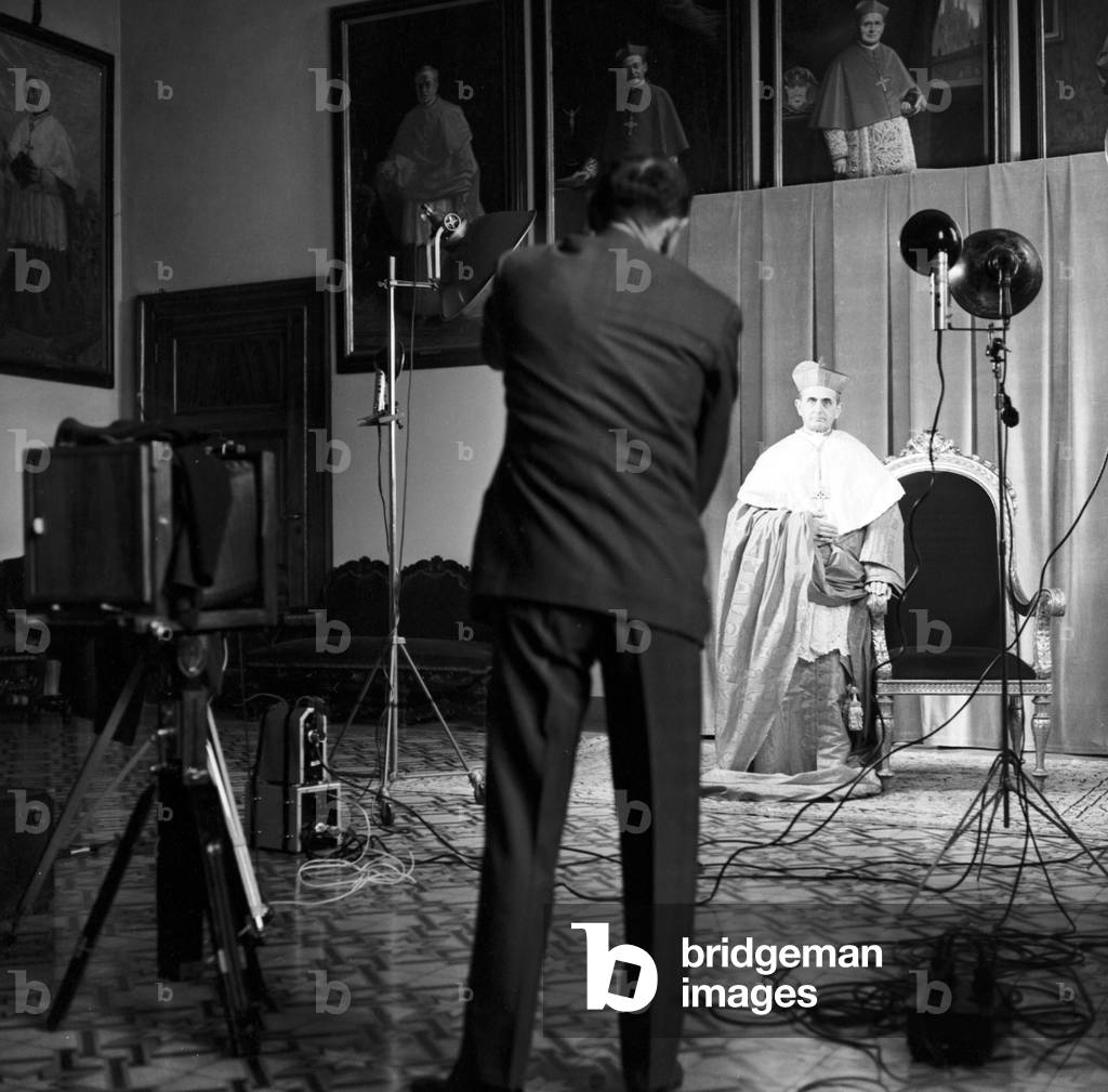 Giovanni Battista Montini posing in cardinal's robes, Milan, Italy, 1959 (b/w photo)