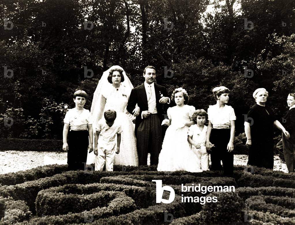 Wedding of Prince Alfonso Hohenlohe with Ira Furstenberg, Venice, 1955 (b/w photo)