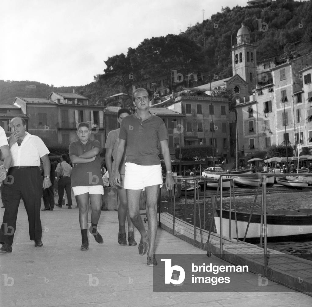 Prince Juan Carlos of Spain on holiday, Portofino, Italy, 1964 (b/w photo)