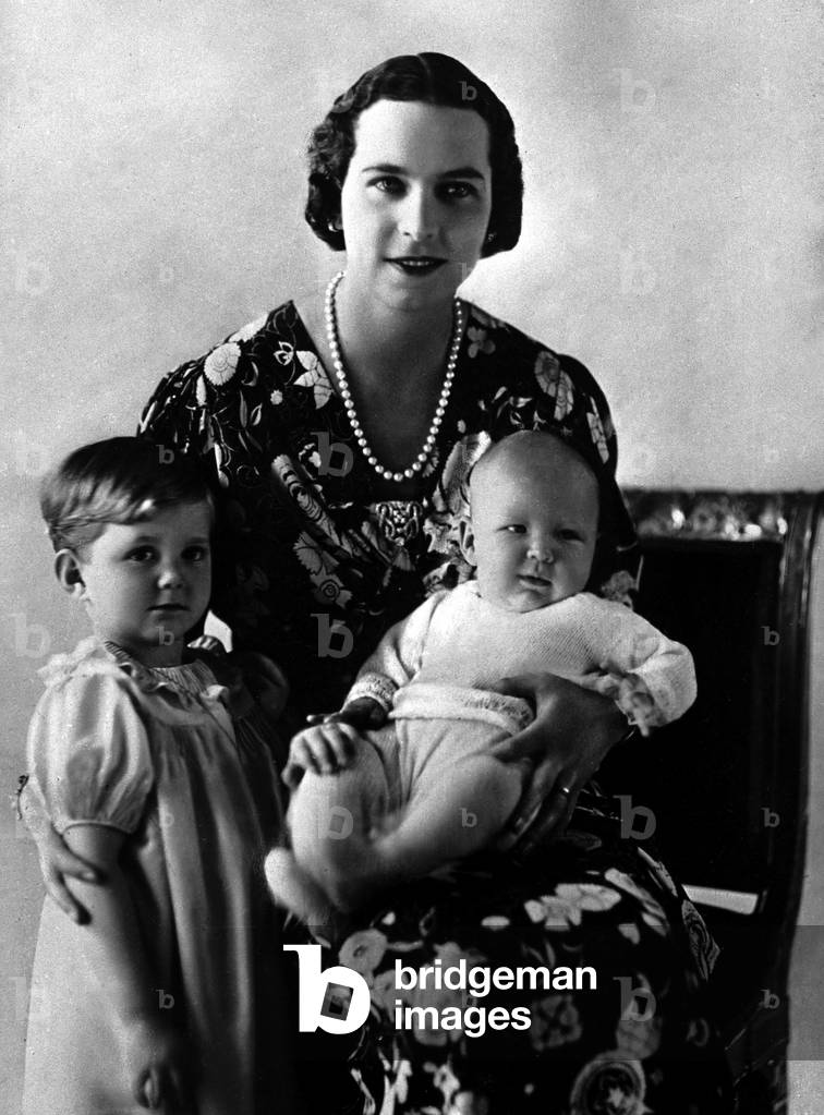 Marie-Jose of Savoy with her children Marie Pia and Victor Emmanuel, 1937 (b/w photo)