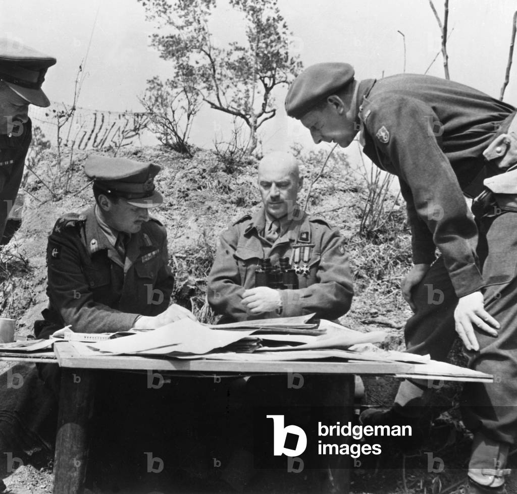 The Battle of Cassino: (from left) General Keightley, General Anders, and an official interpreter, April 1944 (b/w photo)