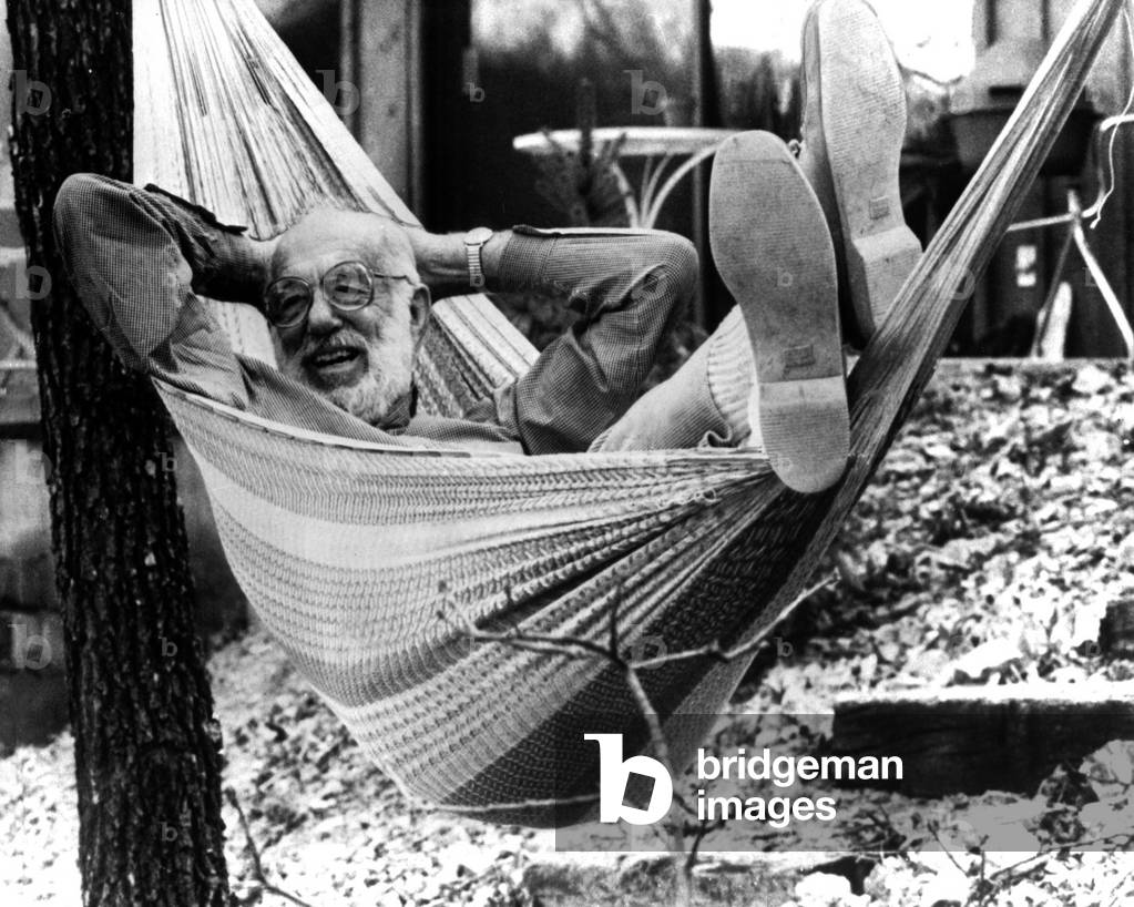 Dr. Benjamin Spock at home, Beaver lake, USA, 1979 (b/w photo)
