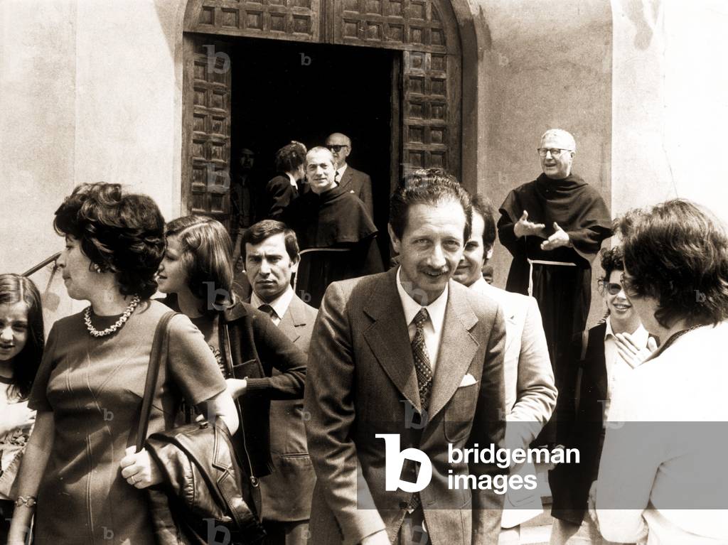Magistrate Mario Sossi shortly after his release, Genoa, Italy, 1974 (b/w photo)