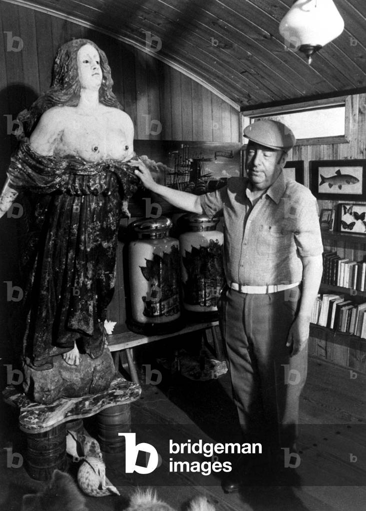 Pablo Neruda in his house in Isla Negra, Santiago de Chile, Chile, 1972 (b/w photo)