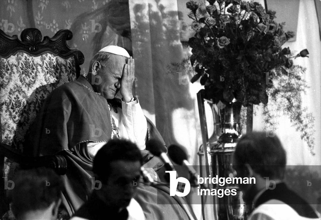 Pope John Paul II, during an official visit, Poland, 1979 (b/w photo)