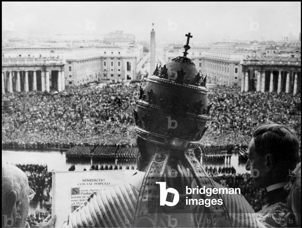 Pope John XXIII blessing the crowd in St Peter Square, Vatican City, 1950s (b/w photo)