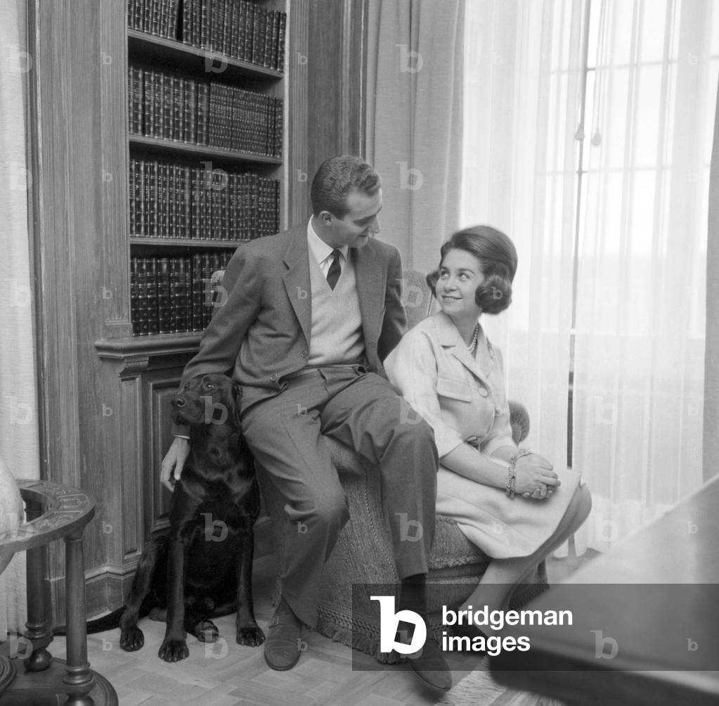 Prince Juan Carlos of Spain and his wife Sofia of Greece at Zarzuela Palace, Madrid, 1964 (b/w photo)