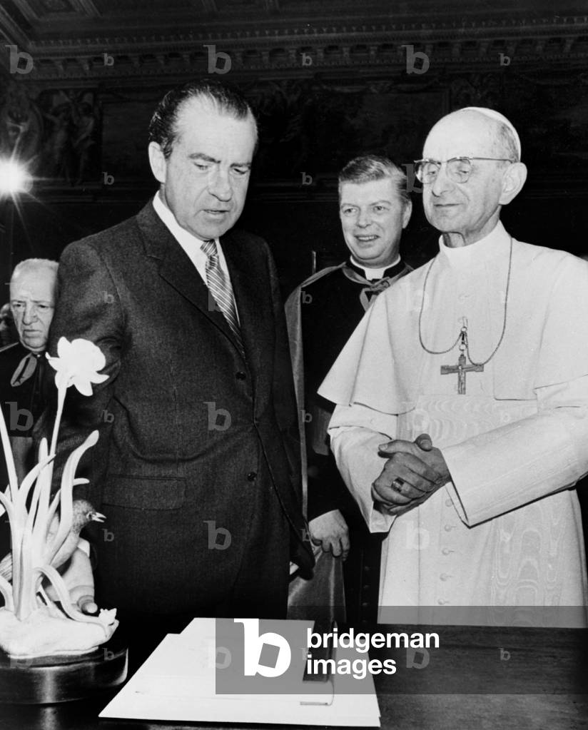 Richard Nixon meets Pope Paul VI at the Vatican, Rome, 1969 (b/w photo)