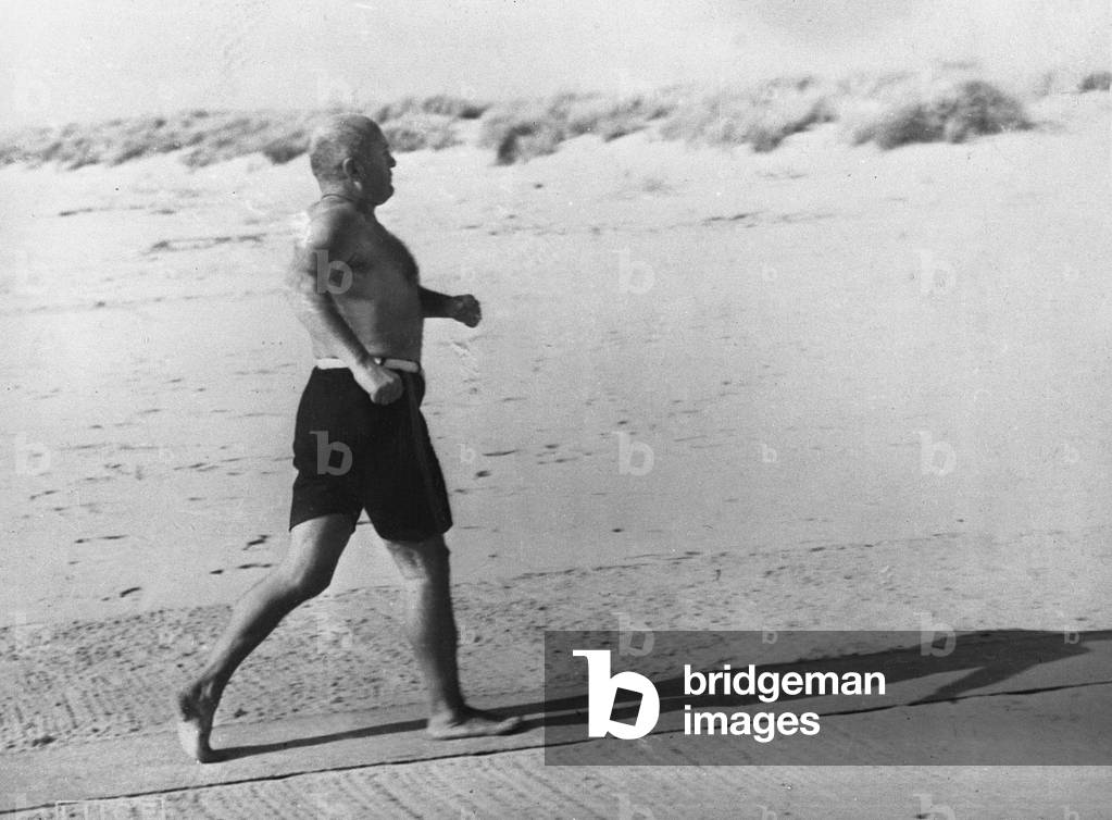 Benito Mussolini on the beach of Ostia, Rome, 1941 (b/w photo)