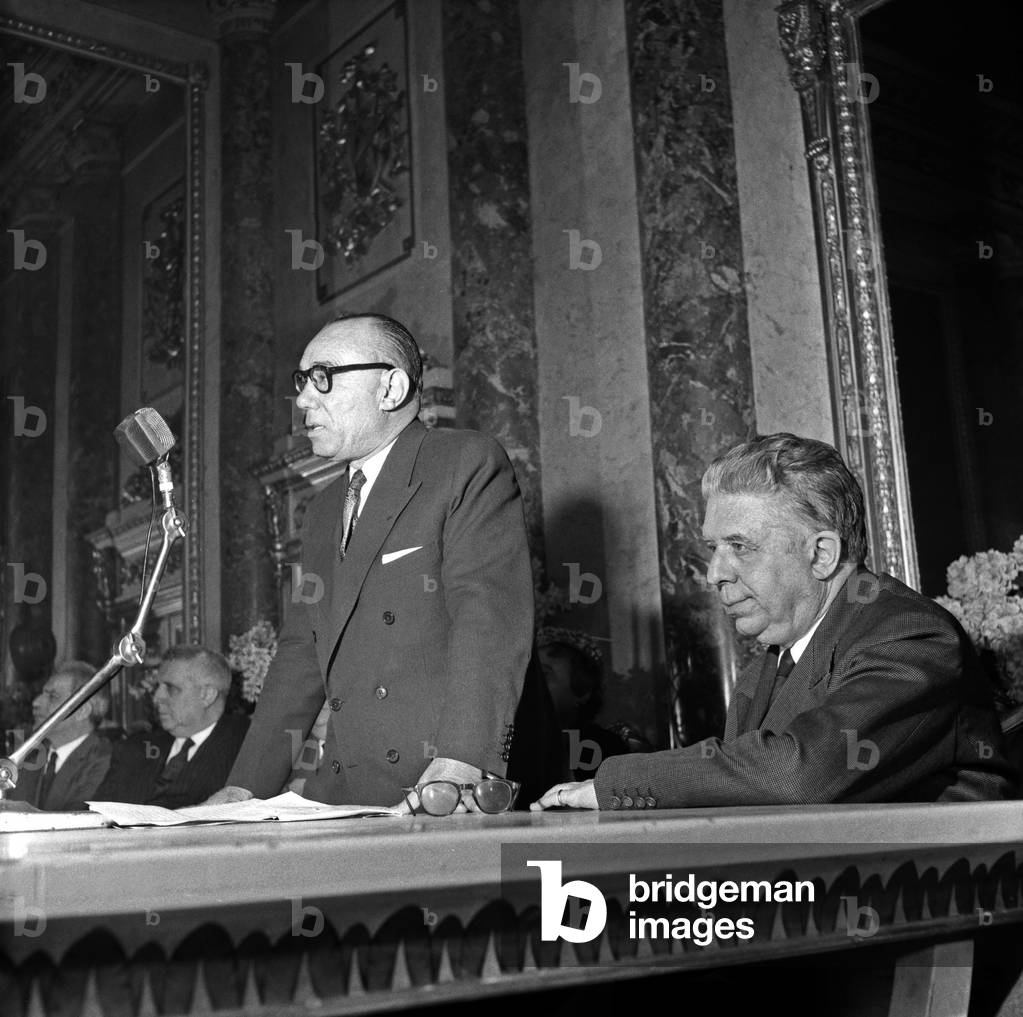 Eugenio Montale and Cino Del Duca at the Foundation Del Duca awards. Serbelloni Palace, Milan, 1959 (b/w photo)