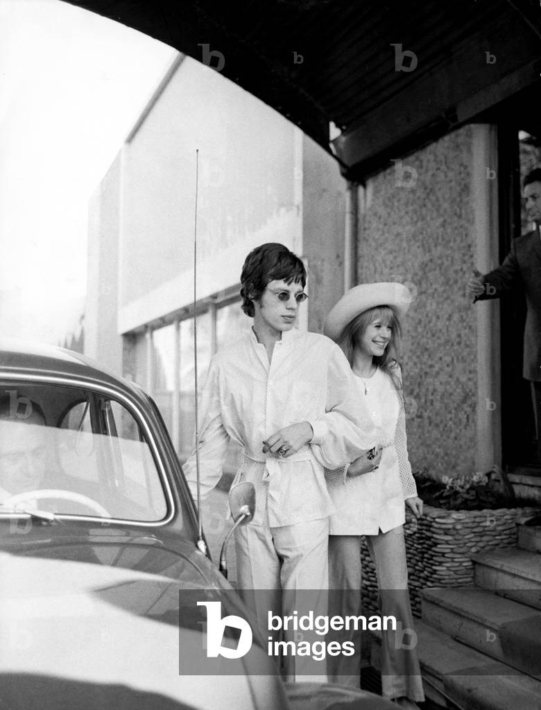 Marianne Faithfull and her partner Mick Jagger, Sanremo, Italy, 1967 (b/w photo)