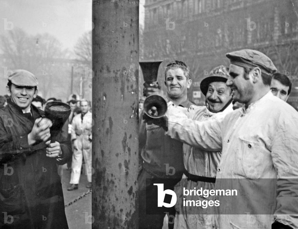 Metal workers on strike, Milan, Italy, 1970 (b/w photo)