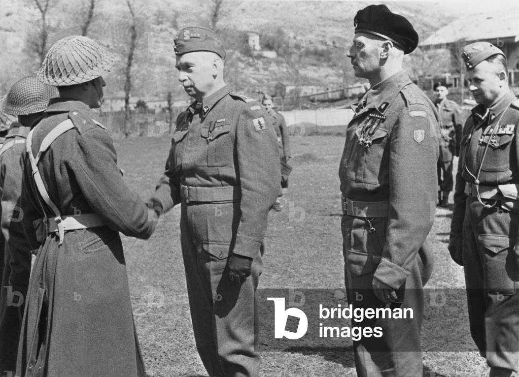 The Battle of Cassino: General Kazimierz Sosnkowski, Commander-in-Chief of the Polish forces, during a visit to the 2nd Polish Corps, commanded by General Wladyslaw Anders, 30th March 1944 (b/w photo)