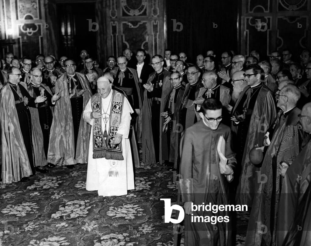 Pope John XXIII receives the bishops of the Brazilian delegation at the ecumenical council of Vatican II, 1962 (b/w photo)