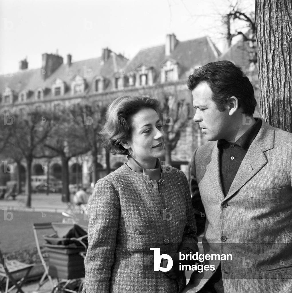 Annie Girardot and her husband Renato Salavatori in Paris, march 1960 (b/w photo)