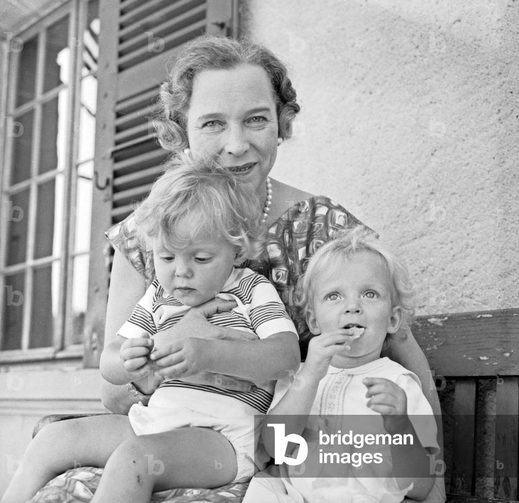 Marie-Jose of Belgium with her grandsons Serge and Helene in Merlinge, Switzerland, 1964 (b/w photo)