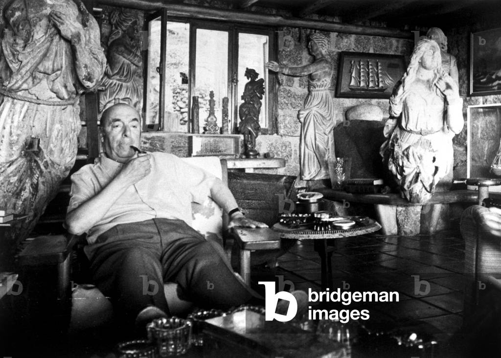 Pablo Neruda at home in Isla Negra, Santiago de Chile, Chile, 1972 (b/w photo)