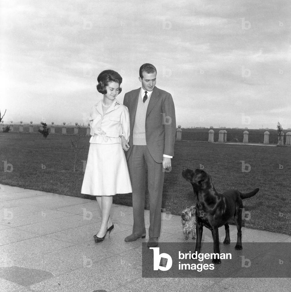Prince Juan Carlos of Spain and his wife Sofia of Greece at Zarzuela Palace, Madrid, 1964 (b/w photo)