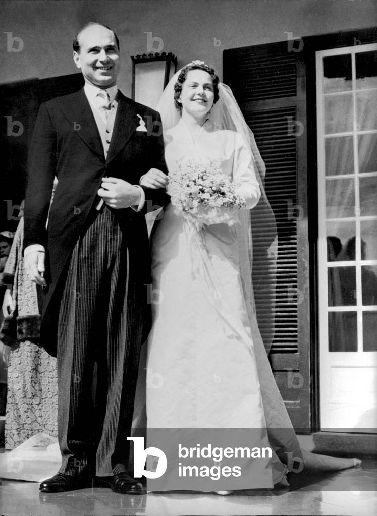 Prince Alexander of Yugoslavia and Princess Maria Pia di Savoia newly married, Cascais, Portugal, 1955 (b/w photo)