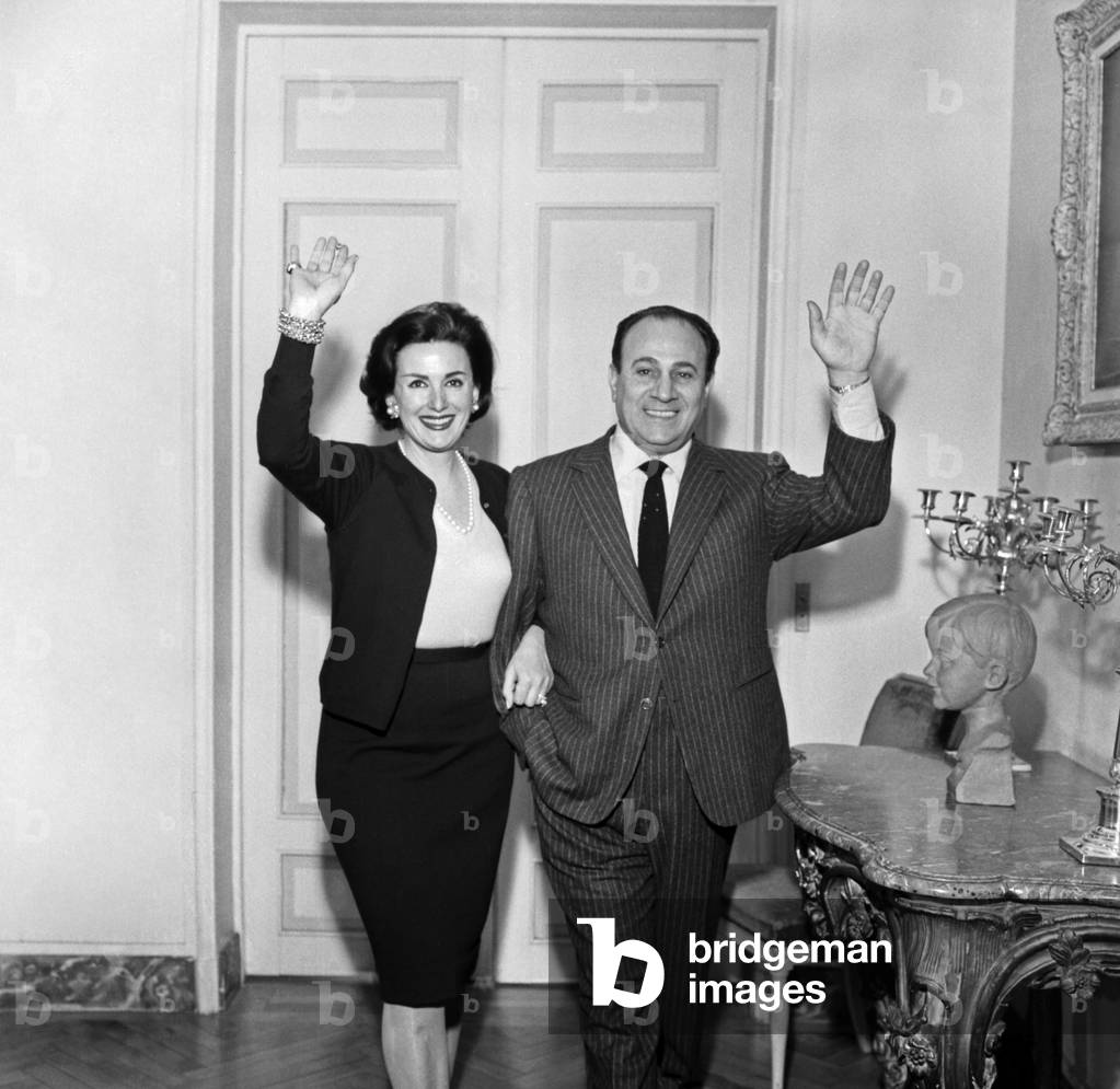 Tino Rossi with his wife Lilia Vetti, Paris, 1963 (b/w photo)