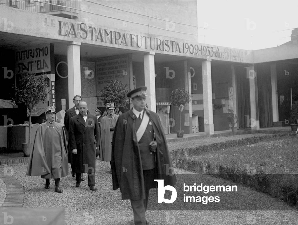 Filippo Tommaso Marinetti and King Vittorio Emanuele III visiting the National Exhibition of Futurism, Rome, 1933 (b/w photo)