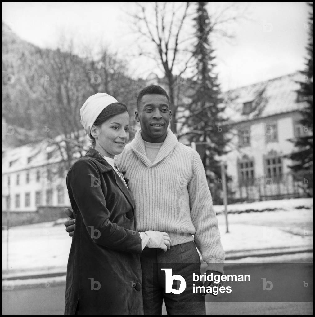 Pelé and his wife Rosemeri dos Reis Cholbi during their honeymoon, Wies-Steingaden, Germany, 1966 (b/w photo)