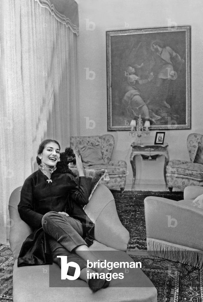 Maria Callas at home, Milan, 1958 (b/w photo)