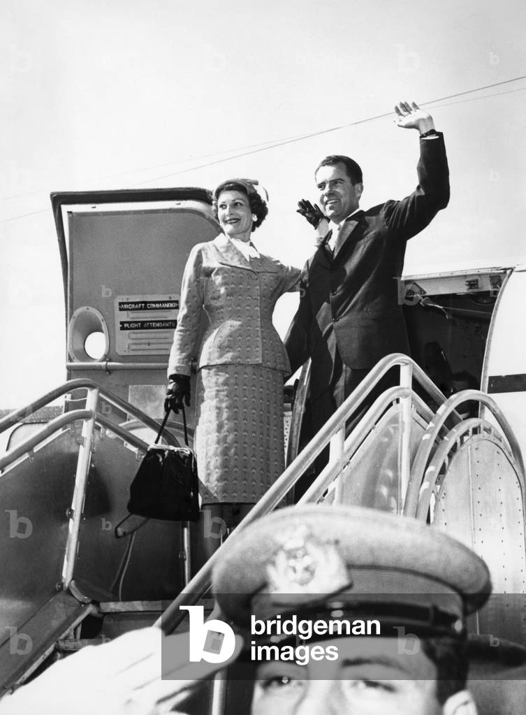 Richard Nixon during a visit to Italy with his wife Pat, Rome, 1957 (b/w photo)