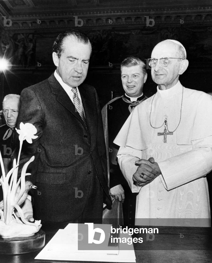 Richard Nixon visiting Rome meets Pope Paul VI, Vatican, 1969 (b/w photo)