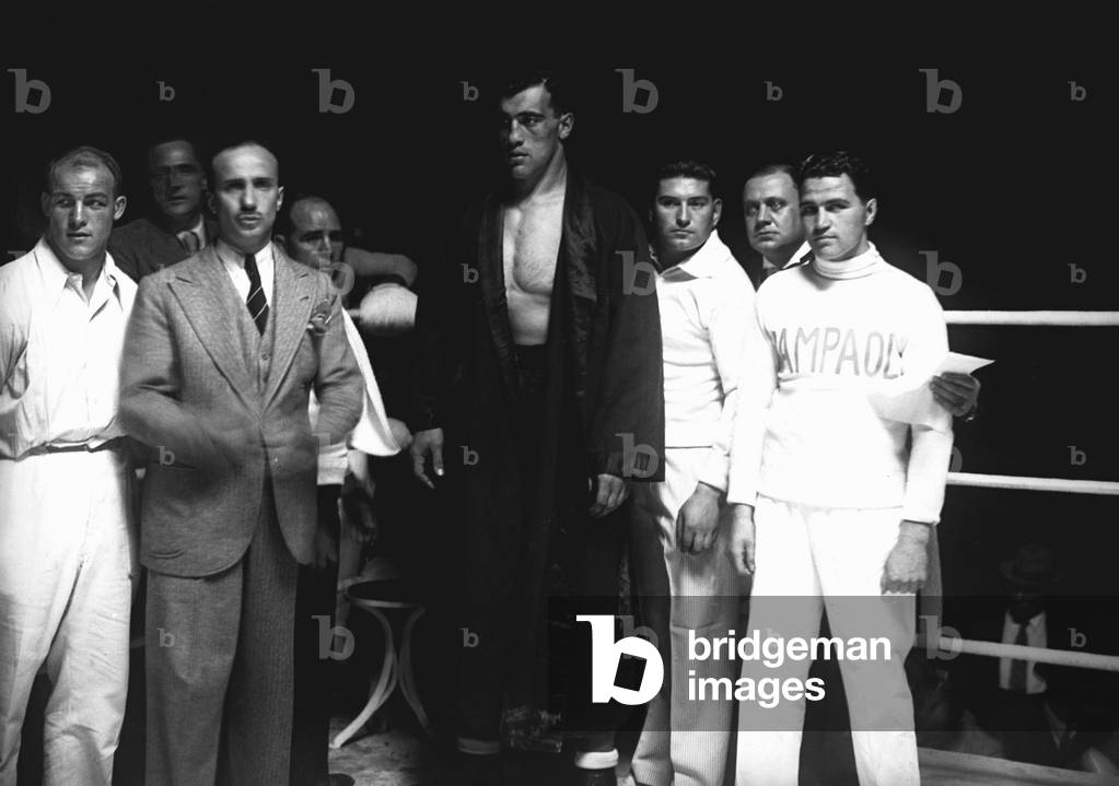 Primo Carnera in the ring in Piazza di Siena before his meeting with Paolino Uzcudum, Rome, 1933 (b/w photo)