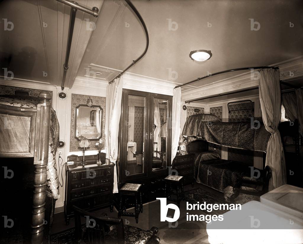 View of one of the first class cabins of the transatlantic liner Rex, 1930s (b/w photo)