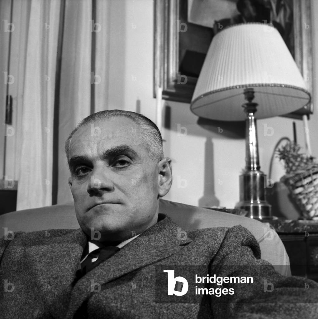 Portrait of Italian writer Alberto Moravia at home in Rome jan 1958 (photo)