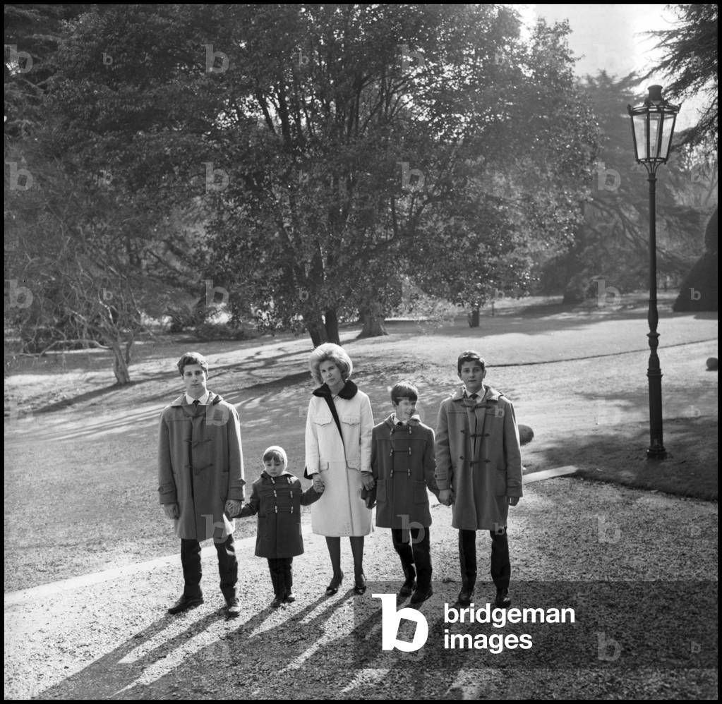 Duchess of Alba Cayetana Fitz-James Stuart with her sons at Liria Palace, Madrid, 1964 (b/w photo)