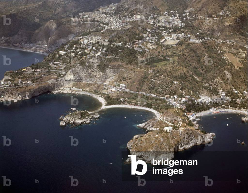 Aerial view of Taormina, Sicily, 1960s (photo)