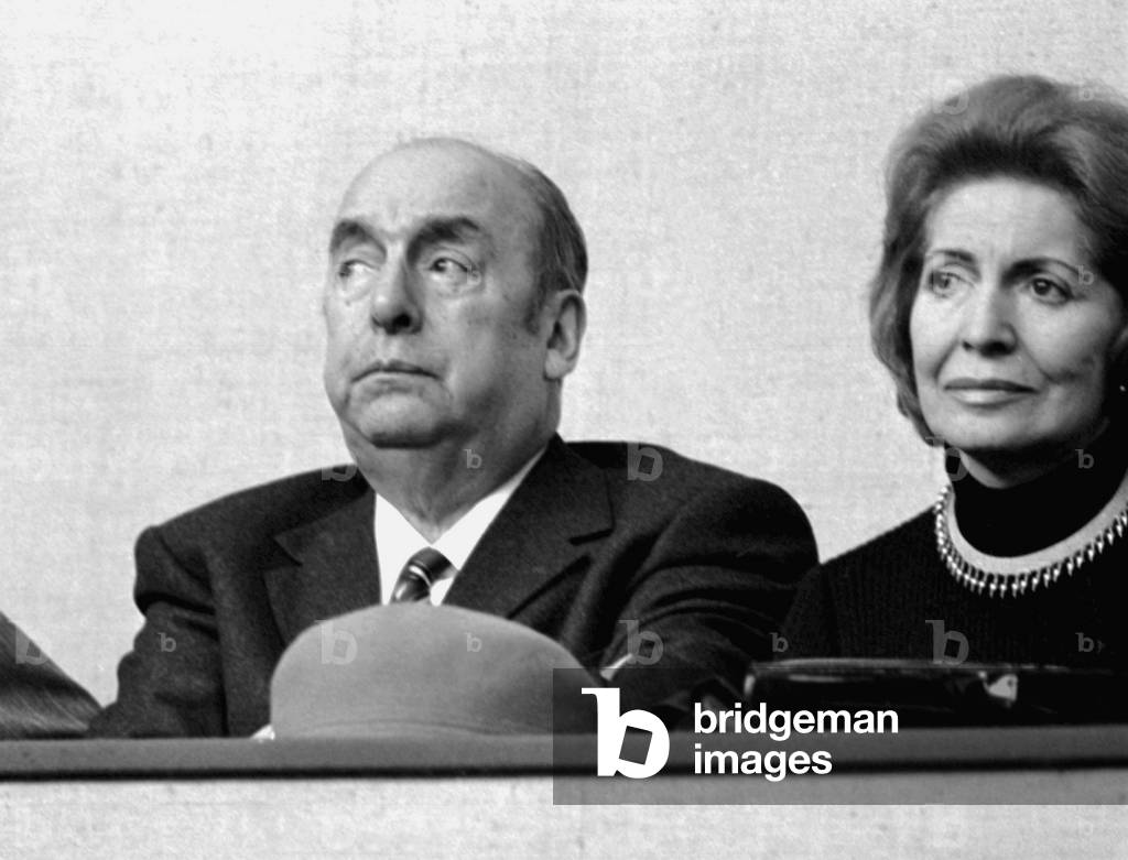 Pablo Neruda and his wife Matilde Urrutia, at 13th congress of Italian communist party, 1972 (b/w photo)