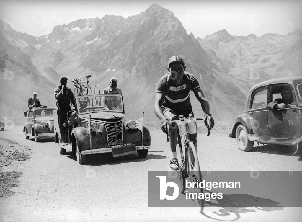 Gino Bartali at the top of the Turmalet at the Tour de France, 1948 (b/w photo)