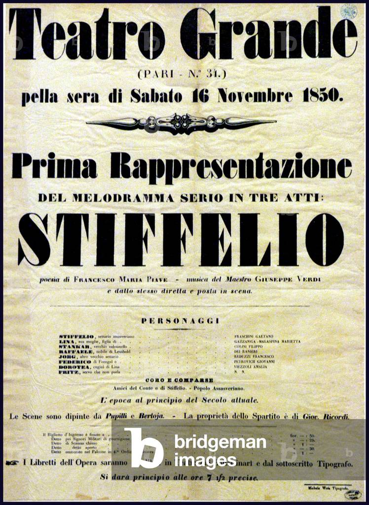 Affiche originale de la premiere representation de Stiffelio de Giuseppe Verdi (1813-1901) au Teatro Grande de Trieste le 16 novembre 1850 
