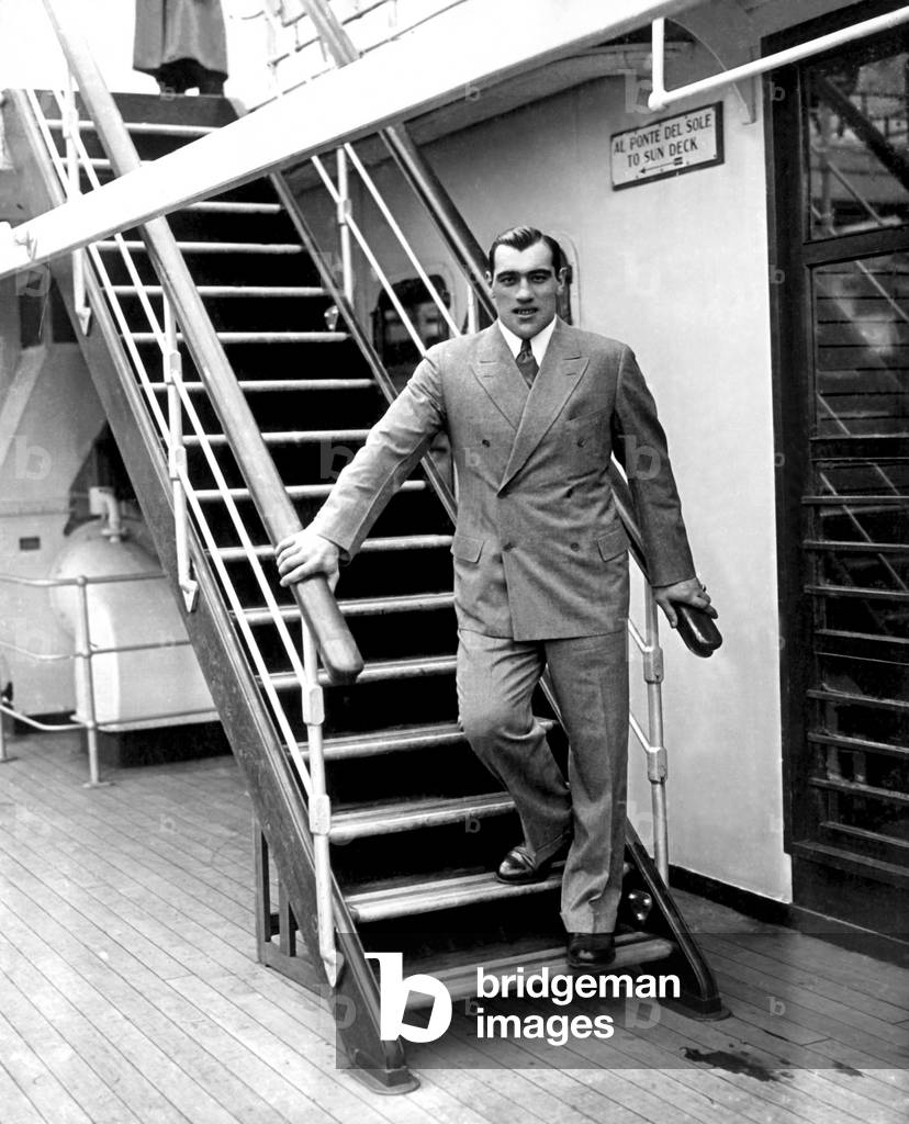 Primo Carnera aboard the transatlantic ship Conte di Savoia en route to the United States, 1933 (b/w photo)