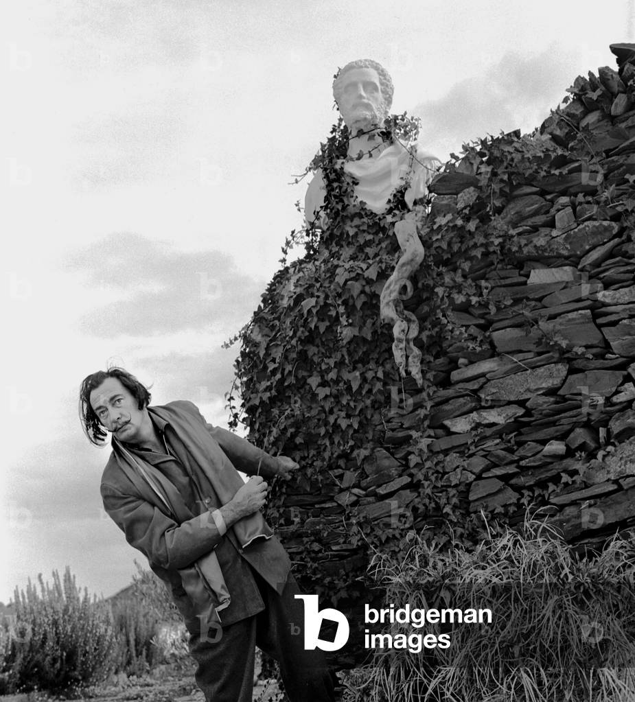 Salvador Dali in his garden, Port Lligat, Spain, 1957 (b/w photo)