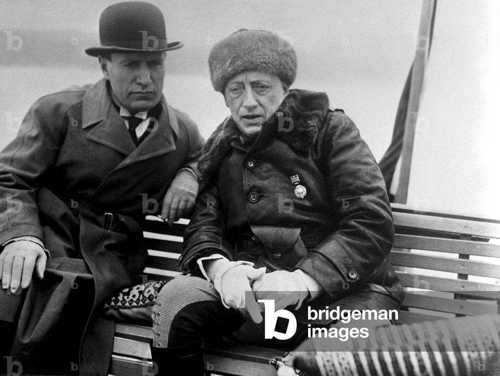 Gabriele d'Annunzio with Benito Mussolini at the Vittoriale, Gardone Riviera, 1920s (b/w photo)