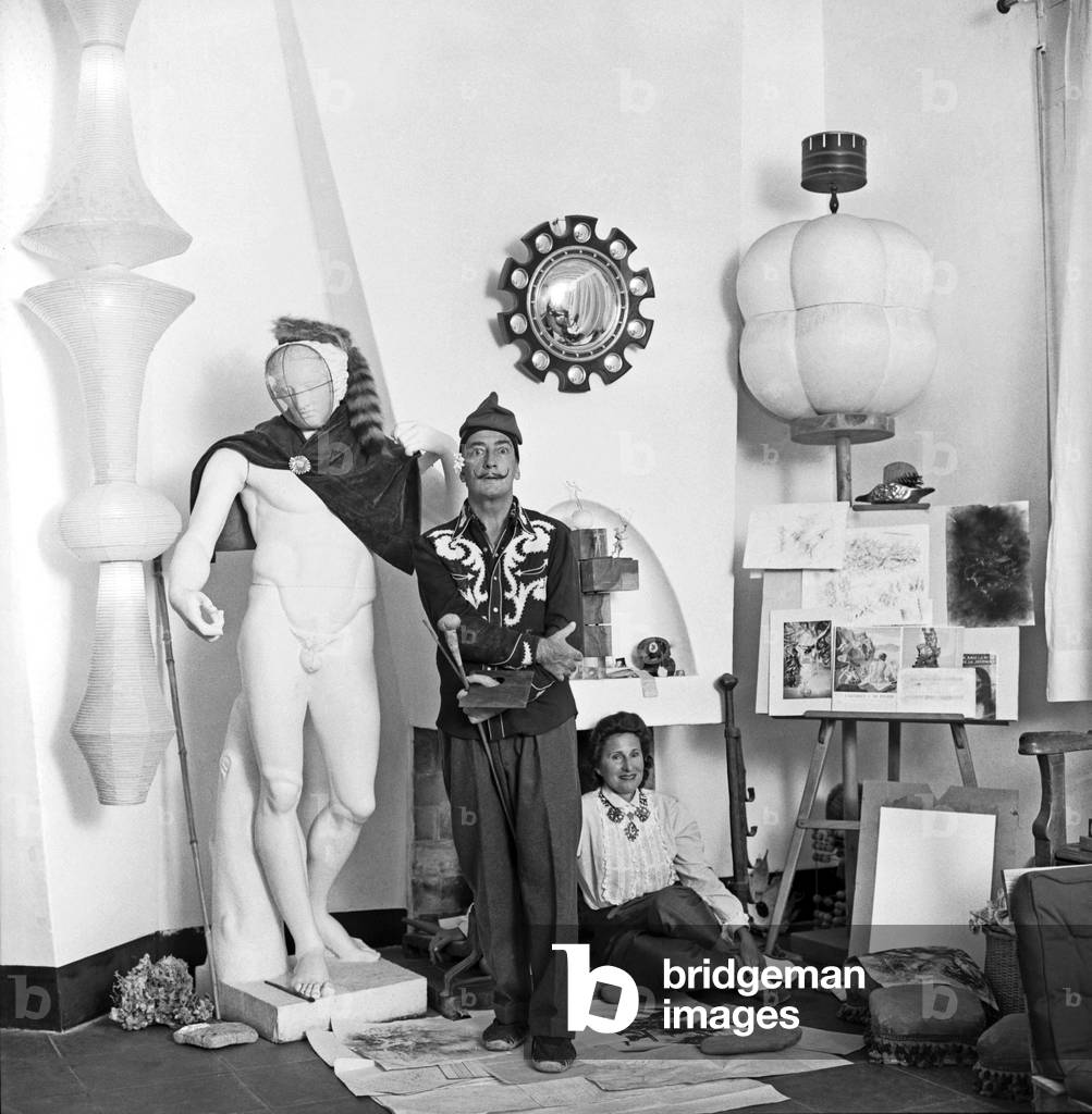 Salvador Dali at home with his wife Gala, Port Lligat, Spain, 1957 (b/w photo)