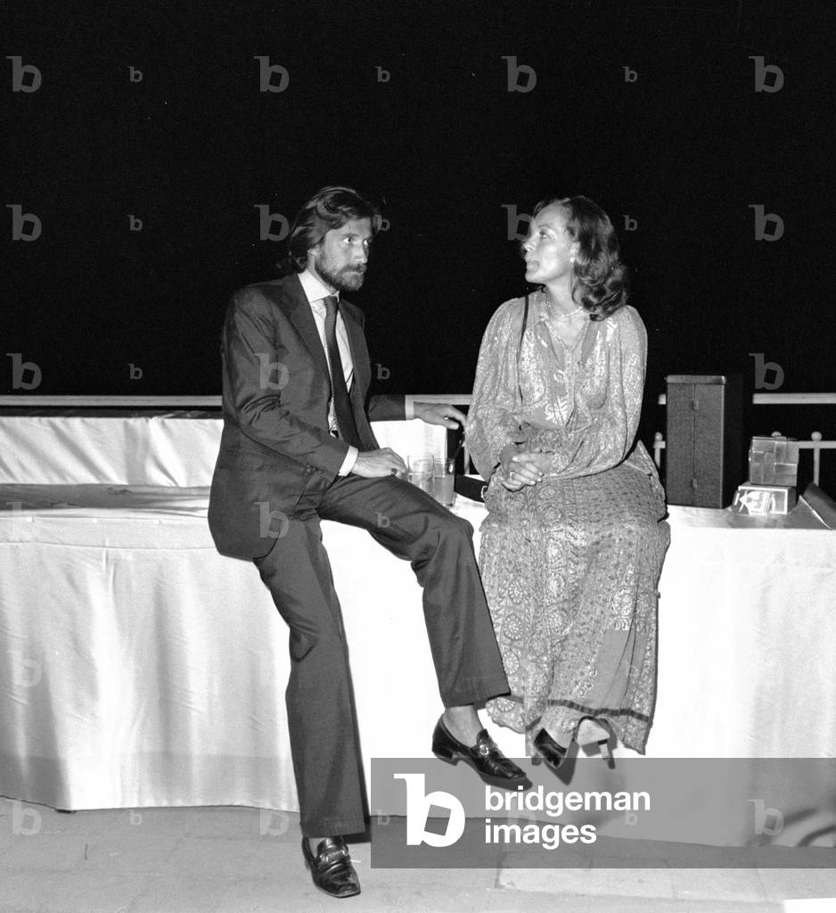 Romy Schneider with her husband Daniel Biasini, Taormina, Italy, 1980 (b/w photo)