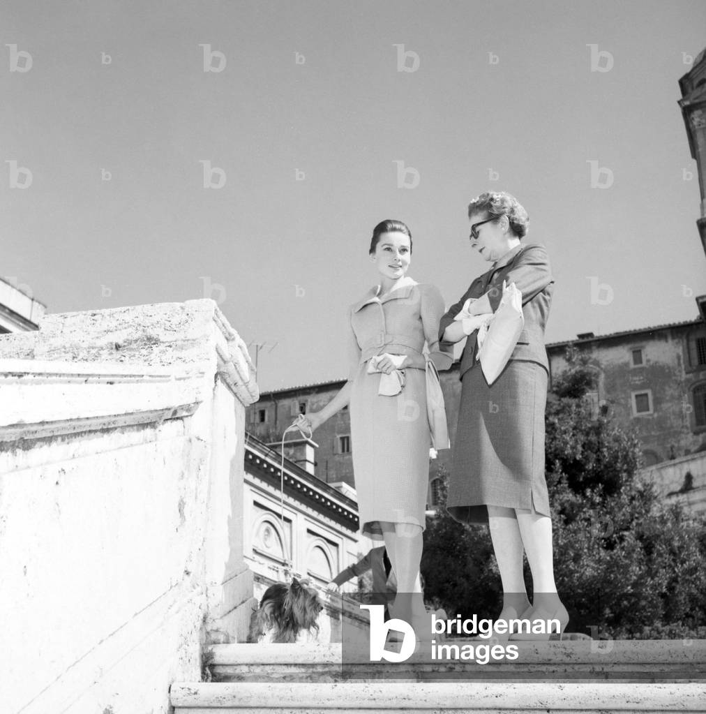 Audrey Hepburn with her dog and her mother Baroness Ella van Heemstra at Trinita dei Monti, Rome, 1959 (b/w photo)
