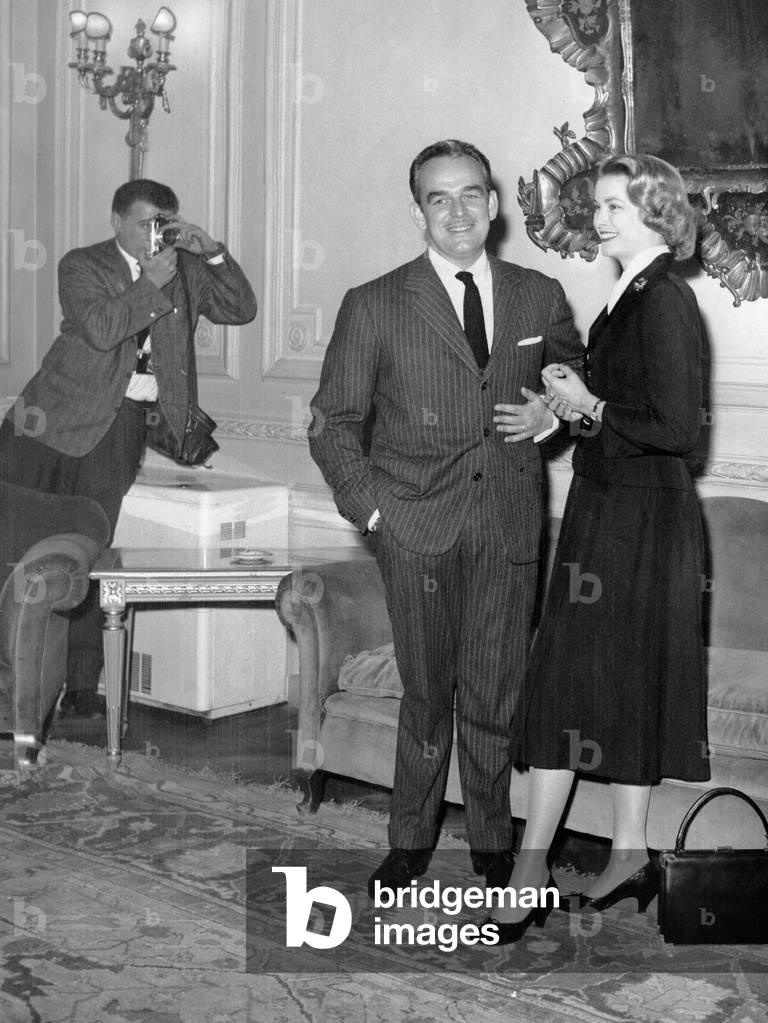 Prince Rainier III of Monaco and Grace Kelly at the Grand Hotel, Rome, 1957 (b/w photo)
