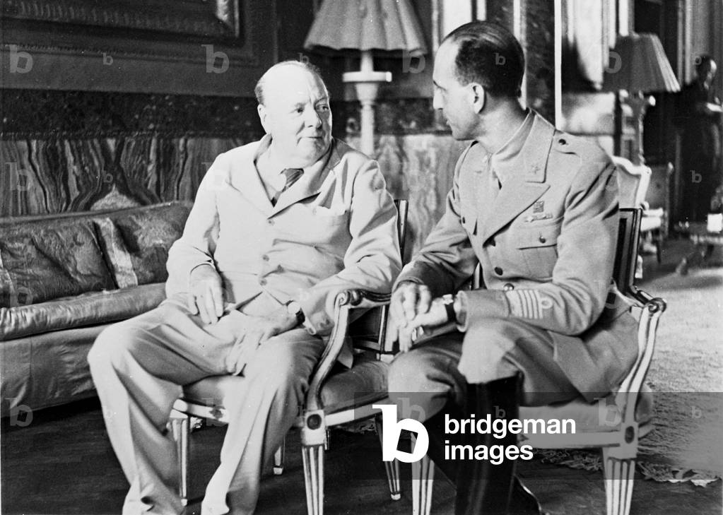 Prince Umberto II of Savoy receives British Prime Minister Winston Churchill at the British Embassy during his visit to Italy, 1944 (b/w photo)