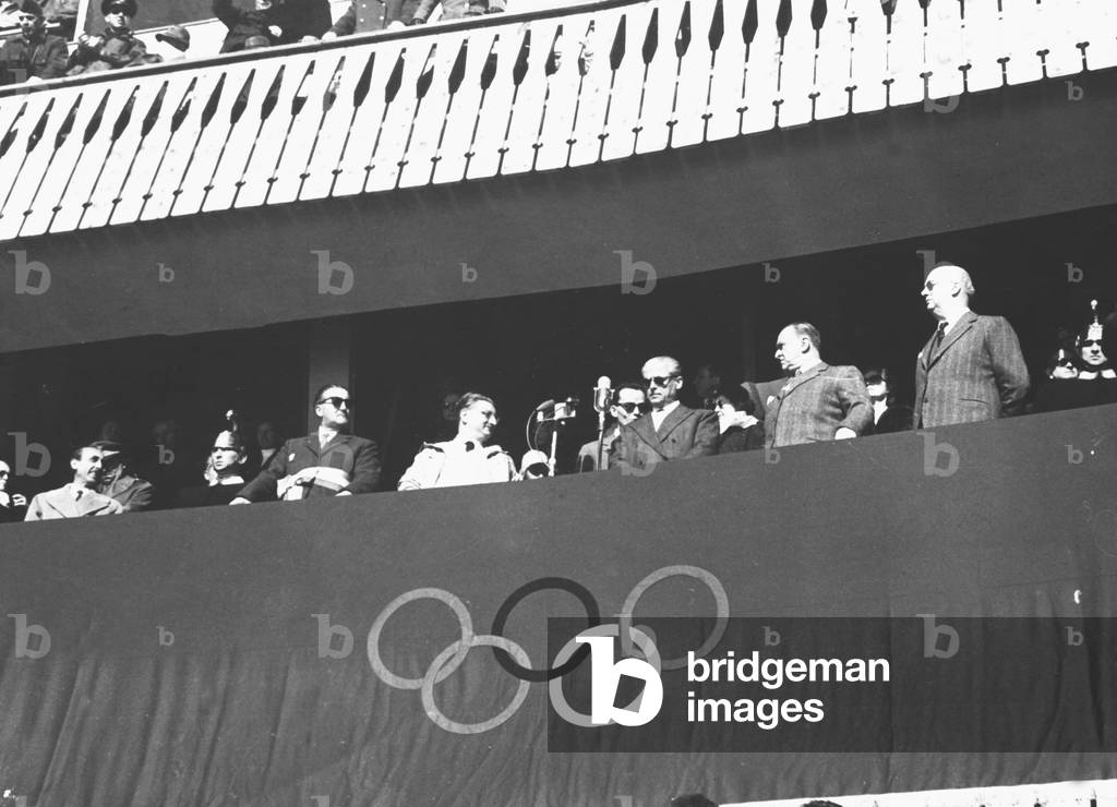 The Opening Ceremony of the Winter Olympics, Cortina d'Ampezzo, Italy, 1956 (b/w photo)