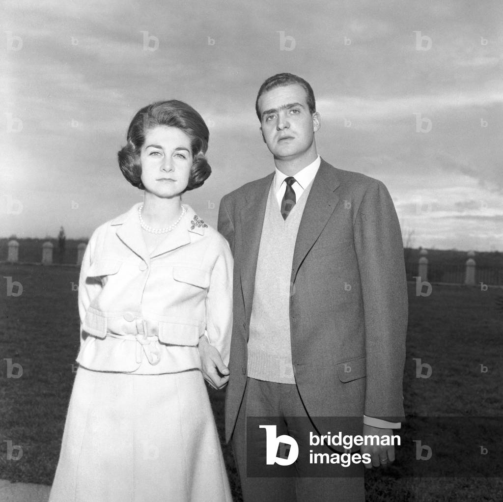 Prince Juan Carlos of Spain and his wife Sofia of Greece at Zarzuela Palace, Madrid, 1964 (b/w photo)