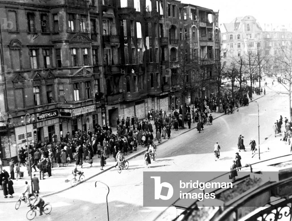 Berliners at the black market in the Friedenau district, Berlin, Germany, 1946 (b/w photo)