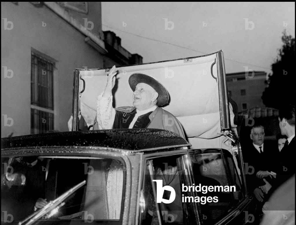 Pope John XXIII going by car to the Basilica of St Paul's Outside the Walls, Rome, 1962 (b/w photo)
