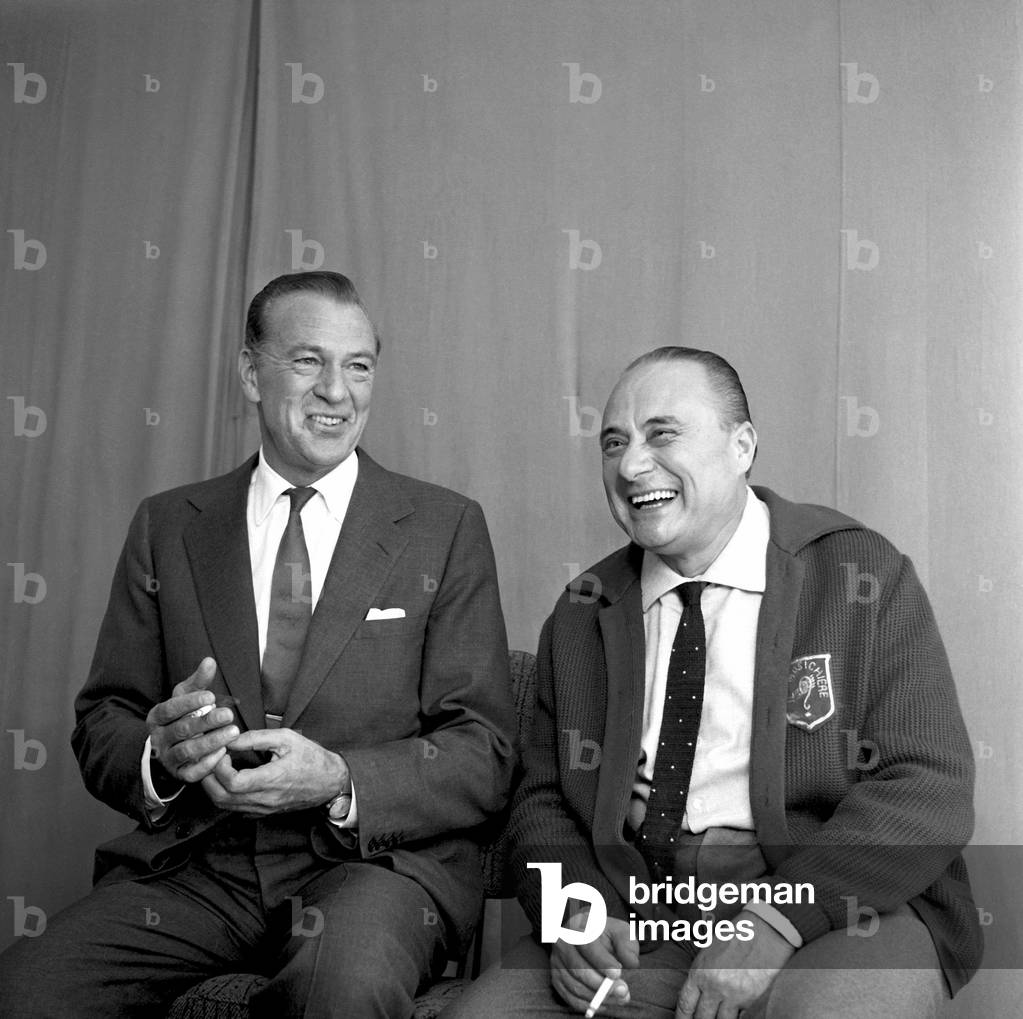 Gary Cooper and Mario Riva during a TV show, Rome, 1959 (b/w photo)